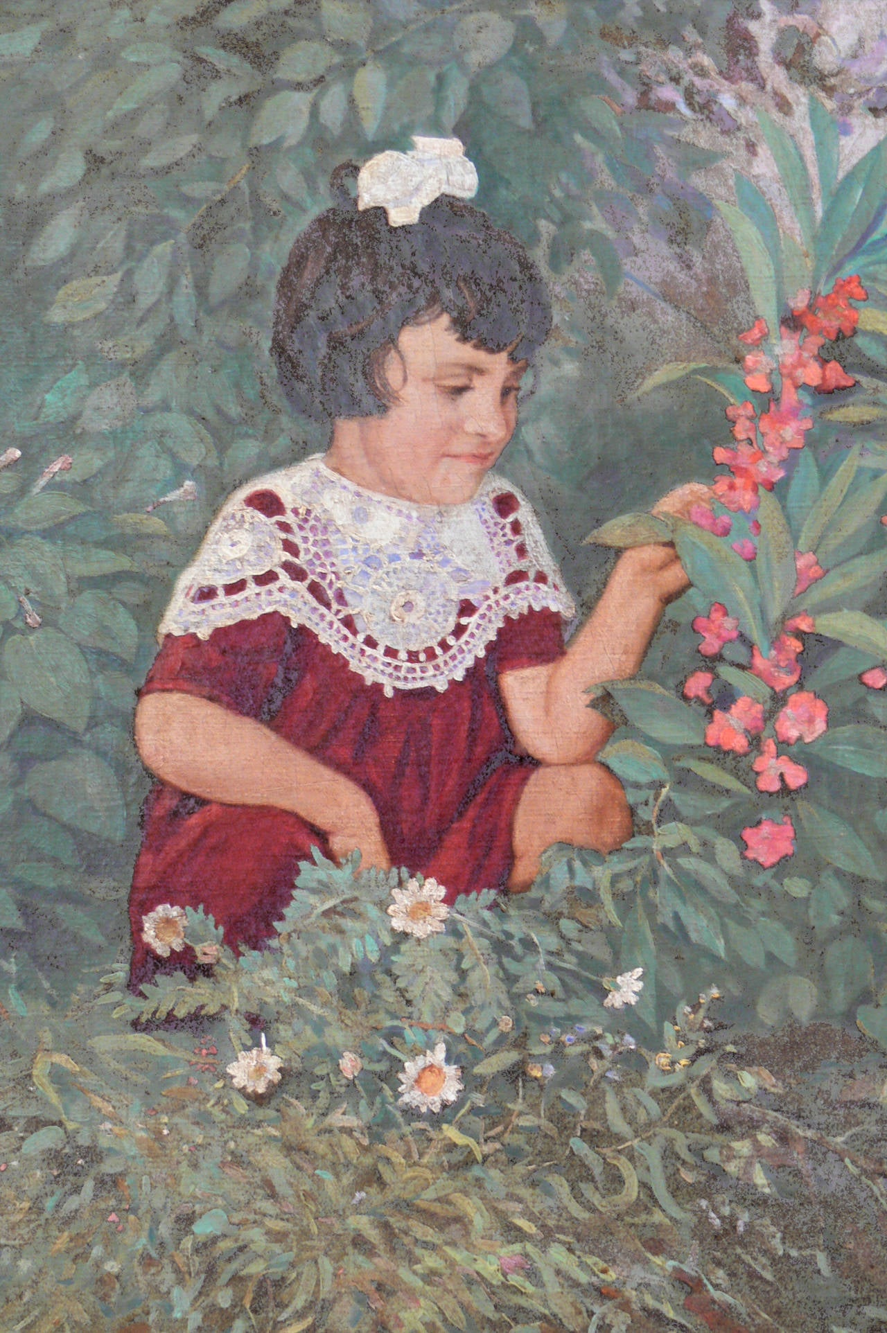 A. Shukov Figurative Painting – Ölgemälde auf Leinwand „A Little Girl with Flowers in a Garden“, 1952