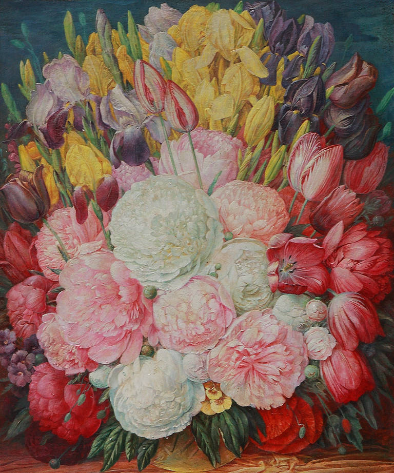 Franz Xaver Unterseher, Ölgemälde „Stillleben mit Pfingstrosen und Tulpen“, 1947 im Angebot 2