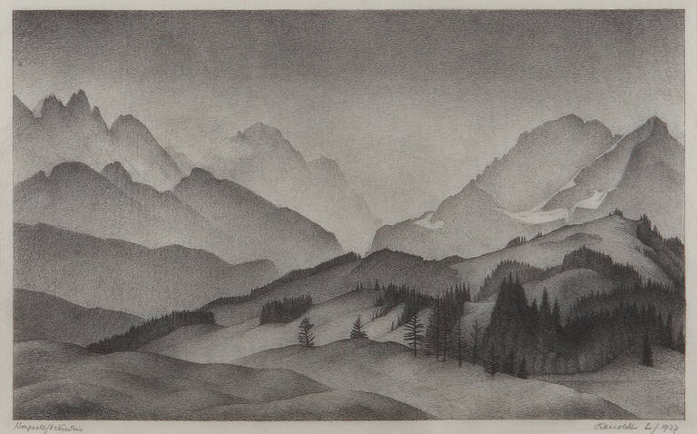 Lithographie auf handgeschöpftem Chinapapier von Alexander Kanoldt ( 1881-1939 ), Deutschland, 1937. Probedruck. 
Signiert und datiert unten rechts: Kanoldt L / 1937. Bezeichnet unten links: Bergwelt / Wetterstein. Gerahmt. 
Abmessungen: 11.81 x