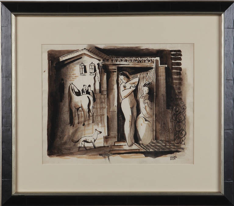 Schwarze und braune Tinte, um 1930 von Béla Kádár ( 1877-1956 ), einem der bedeutendsten ungarischen Künstler des 20. Jahrhunderts. 
Signiert unten rechts: Kádár Béla. Abmessungen: 10.63 x 12.99 in (27 x 33 cm), Gerahmt: 15.55 x 17.64 in (39,5 x
