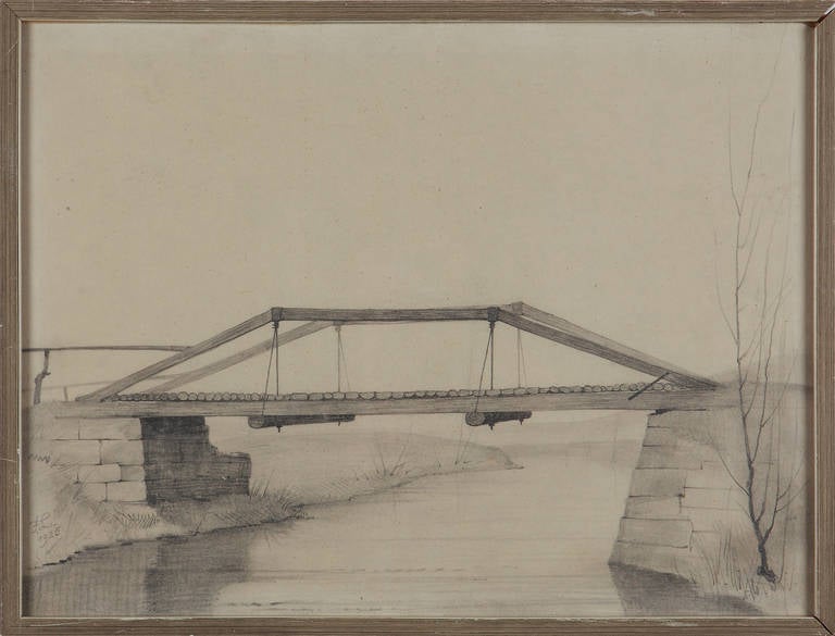 Franz Lenk Landscape Art – ""Hölzerne Hängebrücke über einen Fluss"" ( Plank Bridge Across The River ), 1925