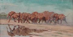 Oil Painting "Elefantenherde" ( Elephant Flock ) by Rudolf Schulz-Borek, 1954