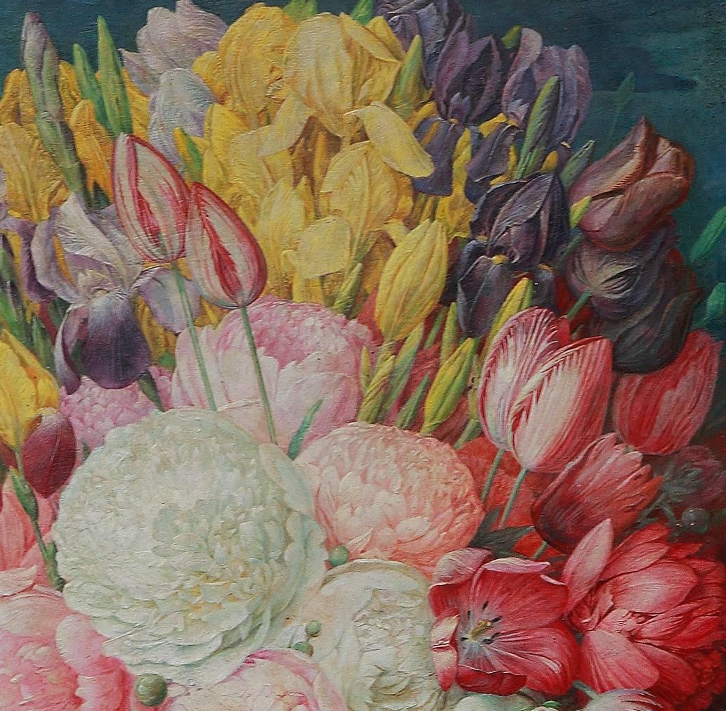 Franz Xaver Unterseher, Ölgemälde „Stillleben mit Pfingstrosen und Tulpen“, 1947 im Angebot 3