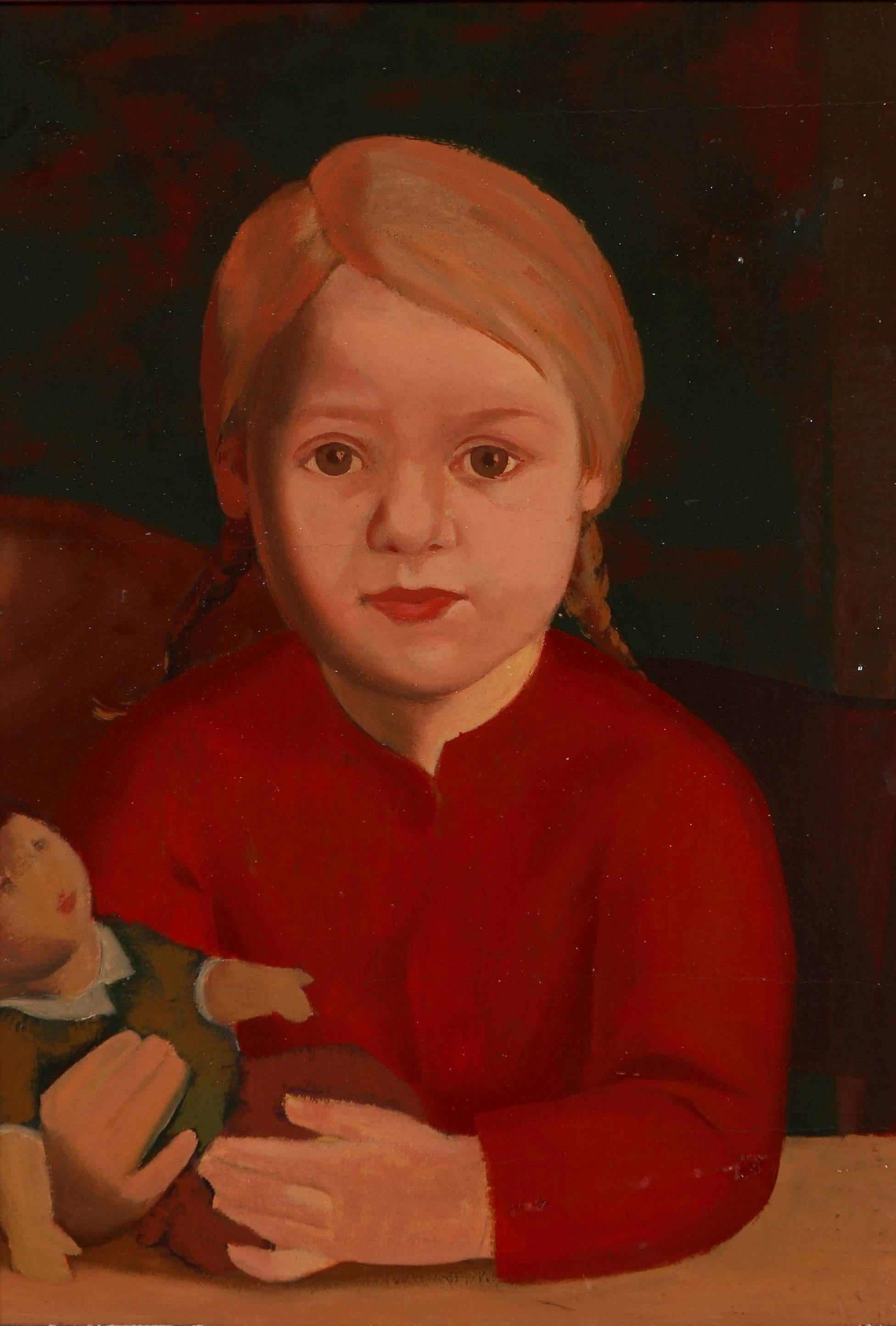 Peinture à l'huile « Child With Doll » (enfant avec poupée), Kurt Schtze, vers 1928