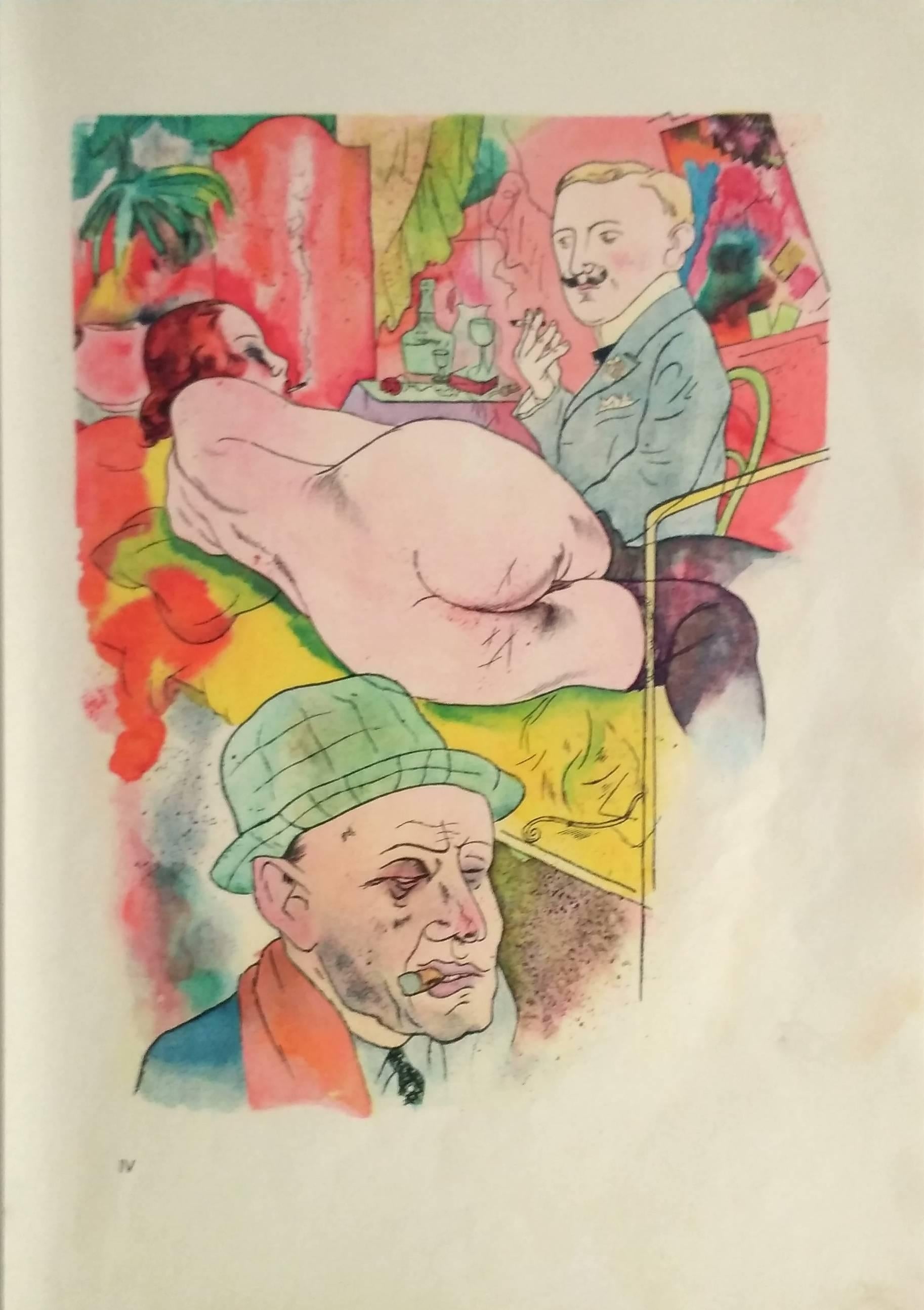 Color Lithograph on handmade paper from Ecce Homo, by George Grosz, 1921. Printed by Kunstanstalt Dr. Selle & Co. AG, Berlin. Published by Malik Verlag, 1923. Numbered in Roman numerals lower left. Here number IV. Framed, under museum glass.