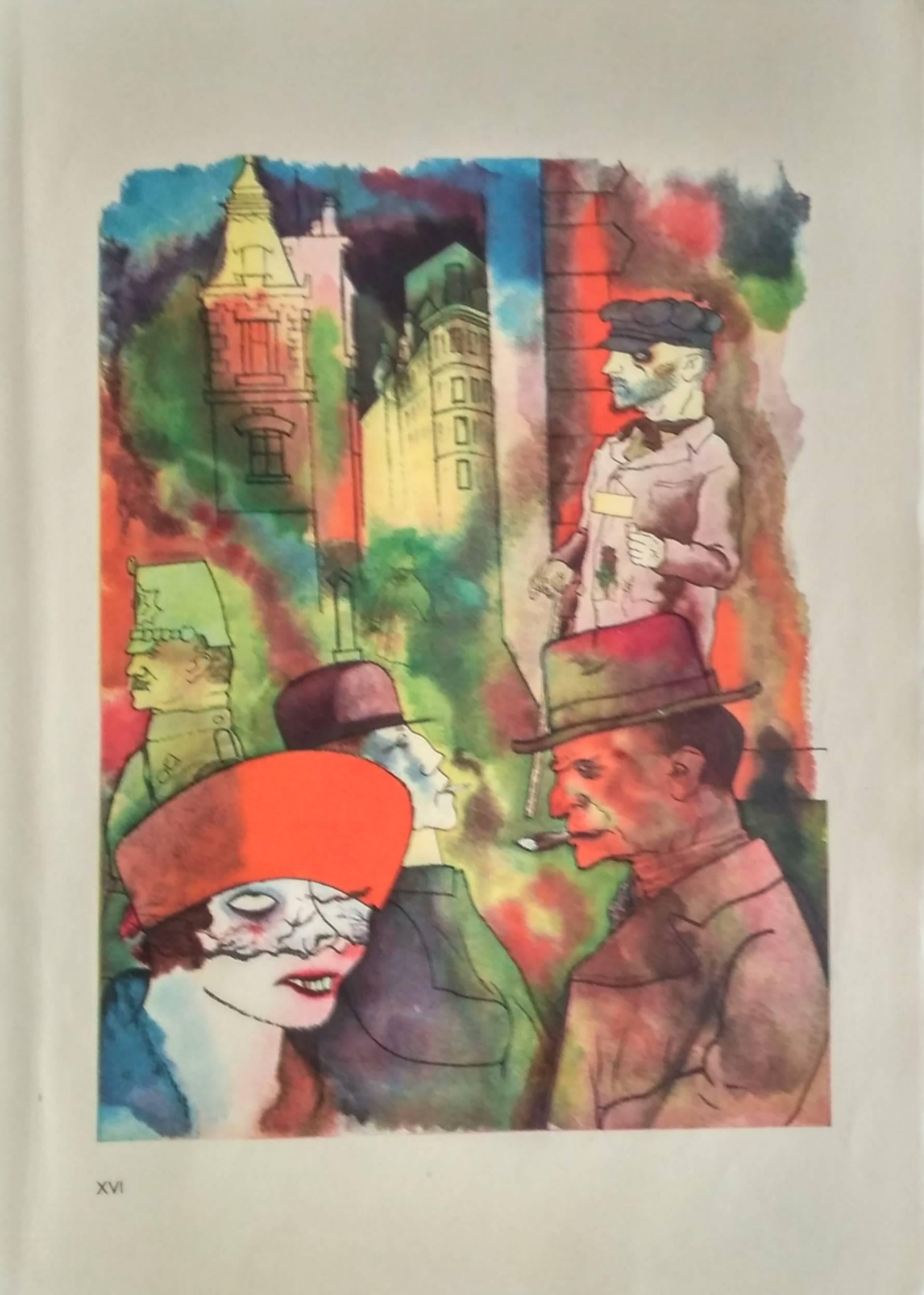 Farblithografie auf Büttenpapier aus Ecce Homo, von George Grosz, 1922. Gedruckt von der Kunstanstalt Dr. Selle & Co. AG, Berlin
Erschienen im Malik Verlag, 1923. Nummerierung in römischen Ziffern unten links. Hier Nummer XVI. Gerahmt, unter