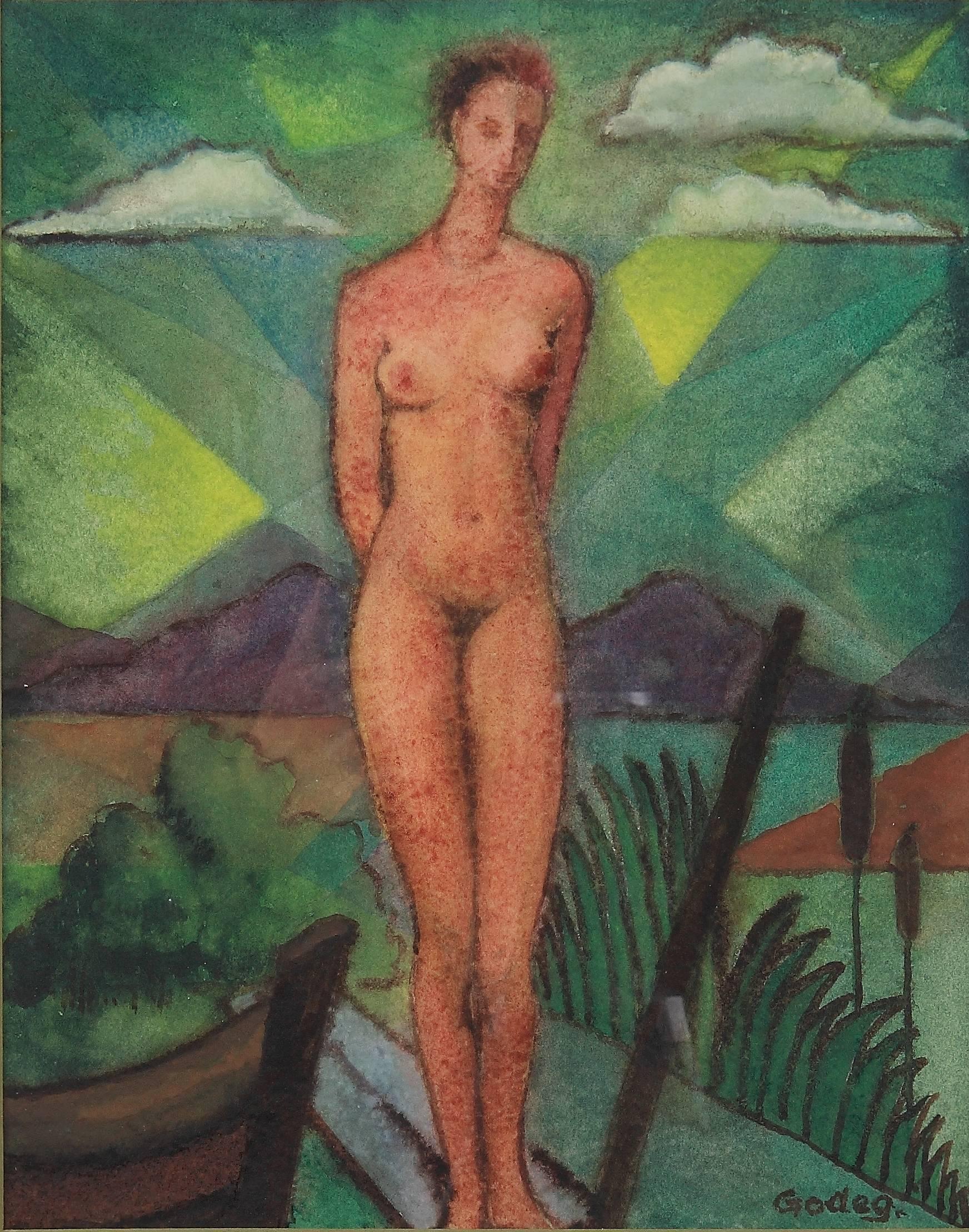 Dieses Gemälde von Karl Godeg (1897-1982) zeigt einen stilisierten weiblichen Akt in einer Meereslandschaft. Tempera auf Karton, Deutschland, um 1950. Signiert unten rechts: Godeg. Sehr guter Zustand. 11.42 x 9,06 Zoll (29 x 23 cm). Gerahmt: 17,32 x