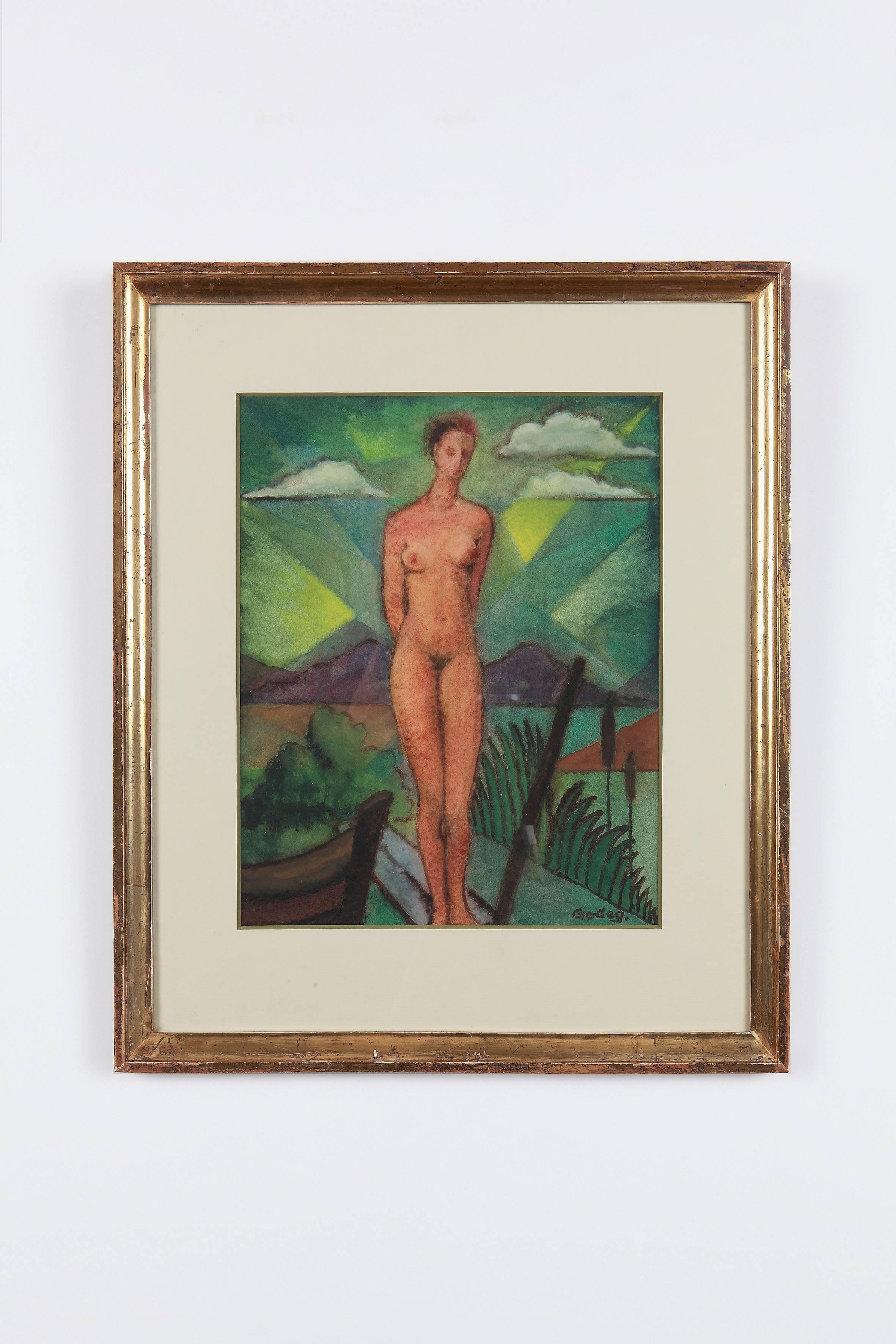 This painting by Karl Godeg (1897-1982) presents a stylized female nude in a seascape. Tempera on cardboard, Germany, circa 1950. Signed lower right: Godeg. Very good condition. 11.42 x 9.06 in ( 29 x 23 cm ). Framed: 17.32 x 14.57 in ( 44 x 37 cm )