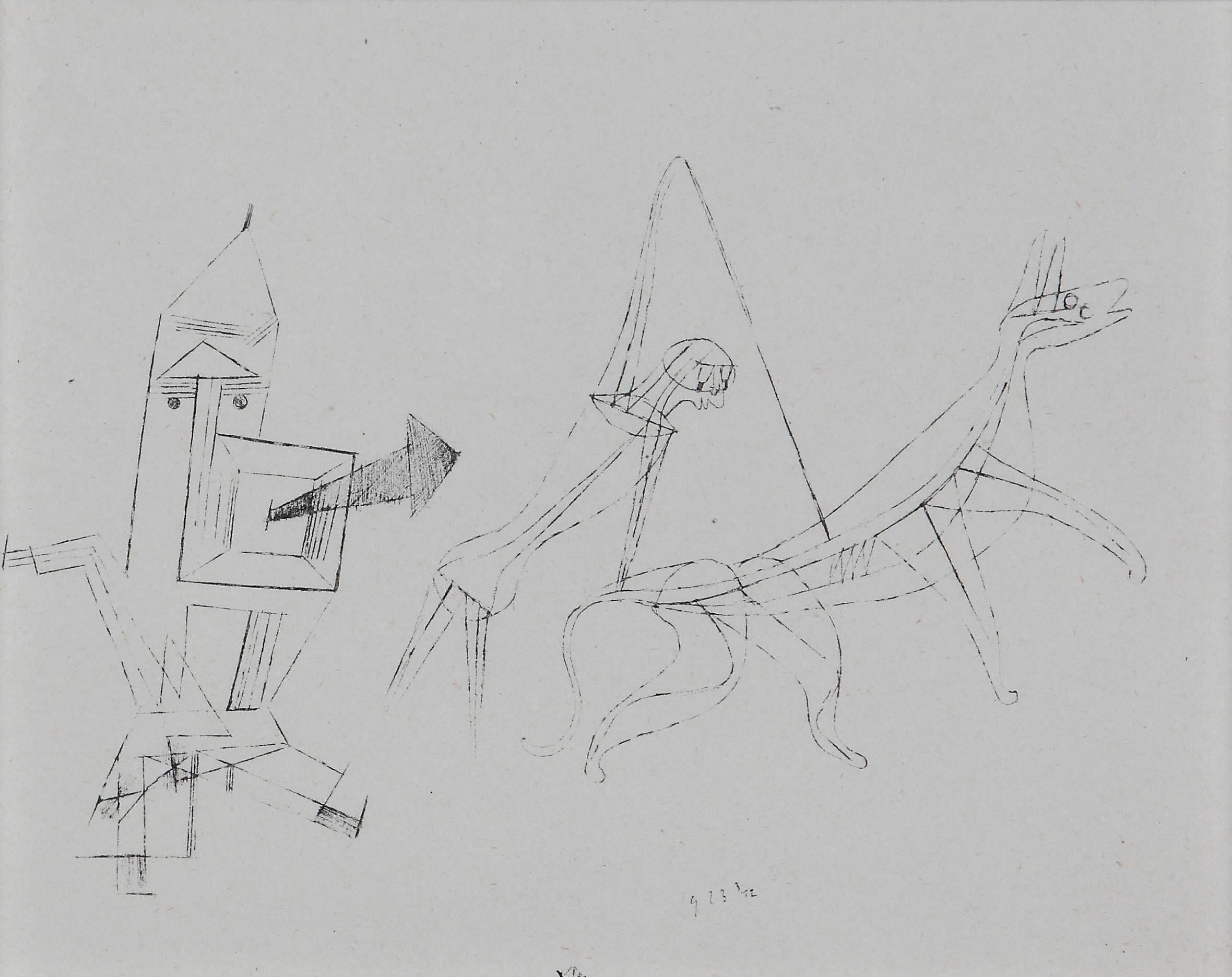 Helio-Radierung auf Büttenpapier, 1923 von Paul Klee. Die Signatur ist unten in der Mitte aufgedruckt: Klee
Aus dem Bestand Paul Klee, Handzeichnungen 1921-1930; hier Nr. 15
Bild: 5.55 x 7.48 in ( 14,1 x 19 cm ), Gerahmt: 10.87 x 12.83 in ( 27,6 x