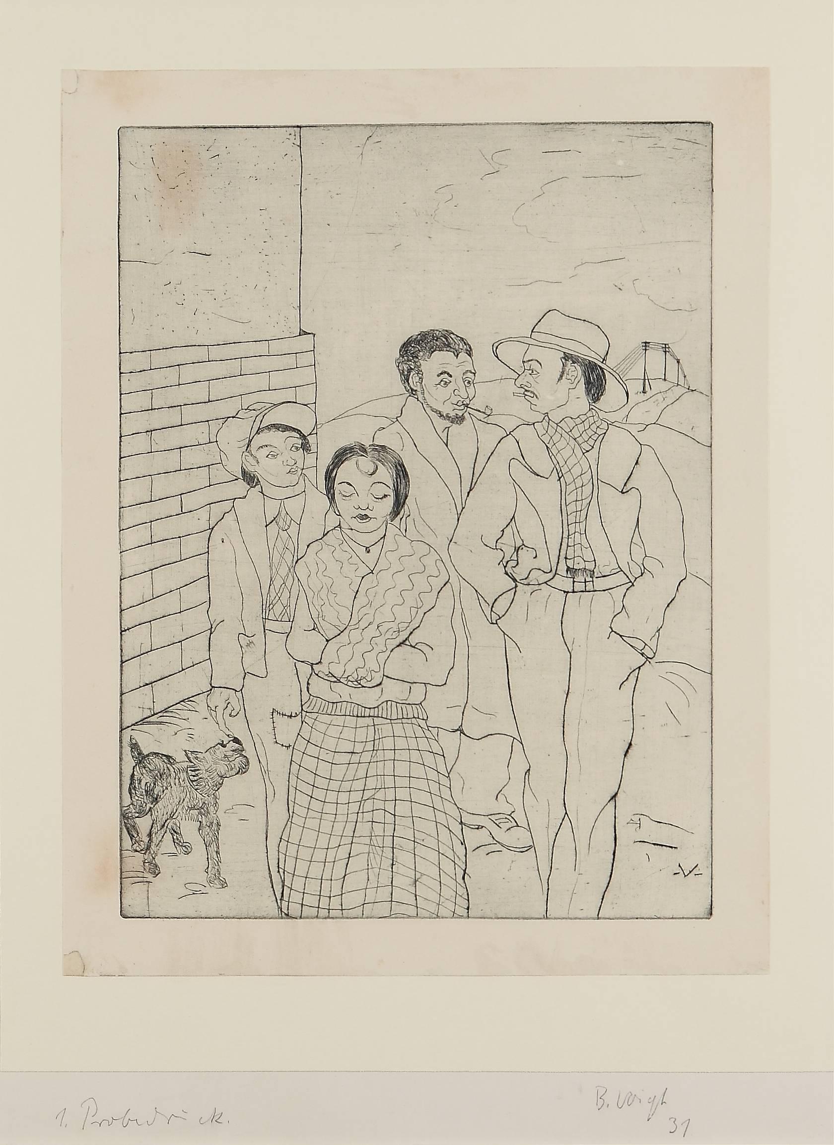 Etching on paper, 1931 by Bruno Voigt ( 1912-1988 ), Germany. First proof copy. Sheet with monogram -V- 
Signed and dated lower right: B.Voigt 31, lower left: 1. Probedruck. 19.29 x 14.57 in ( 49 x 37 cm ) Framed.