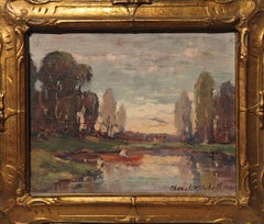 "Early Morning" Thomas John Mitchell, Pink Skyscape, American, Pond, Art Deco