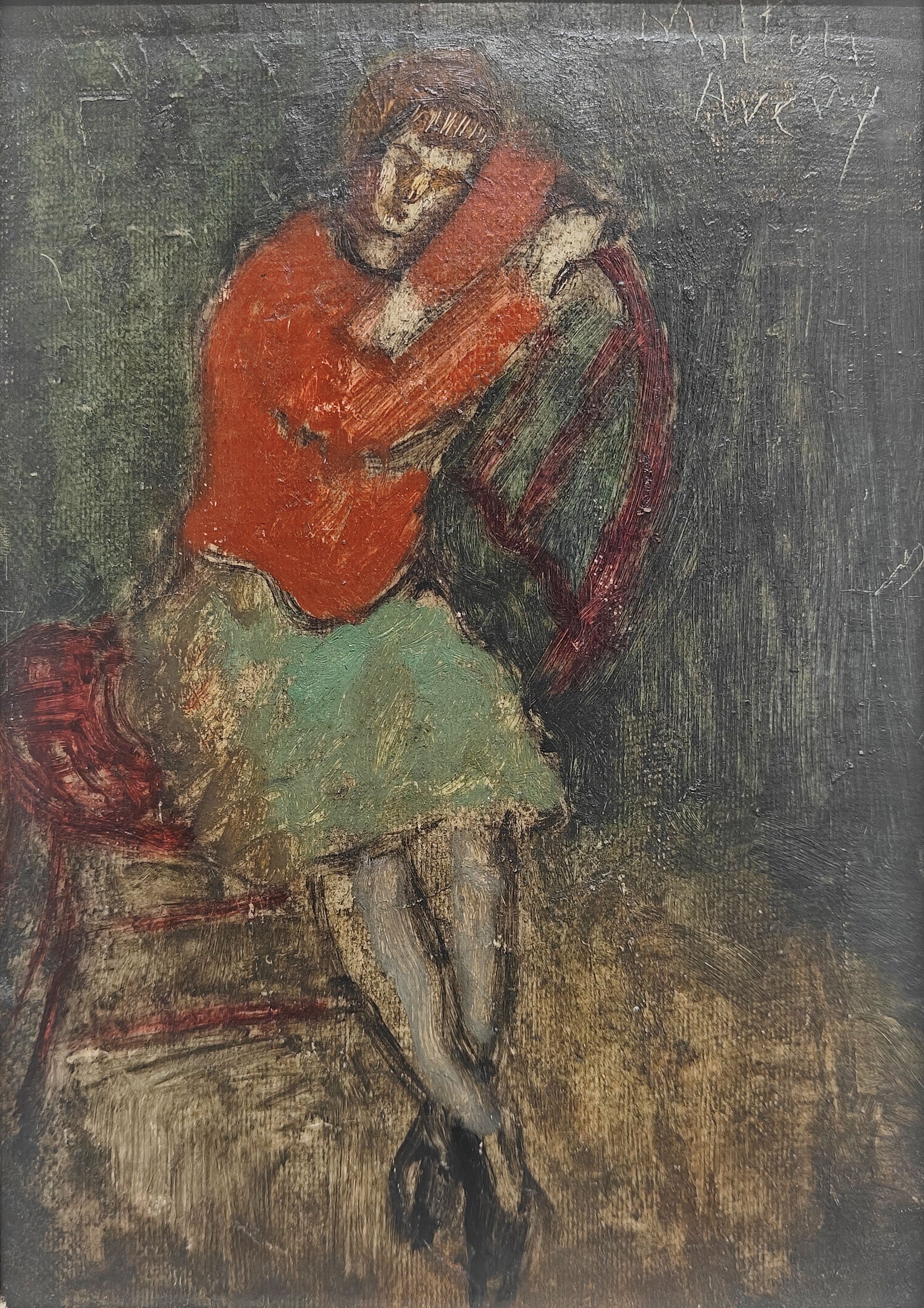 Milton Avery
Ohne Titel (Sitzende Figur), um die frühen 1930er Jahre
Signiert und beschriftet auf der Rückseite
Öl auf selbstgefertigter Leinwandplatte
11 1/4 x 8 1/4 Zoll

Provenienz
Der Künstler
Max Granick, New York, 1936
David Burliuk, 1940
Dr.