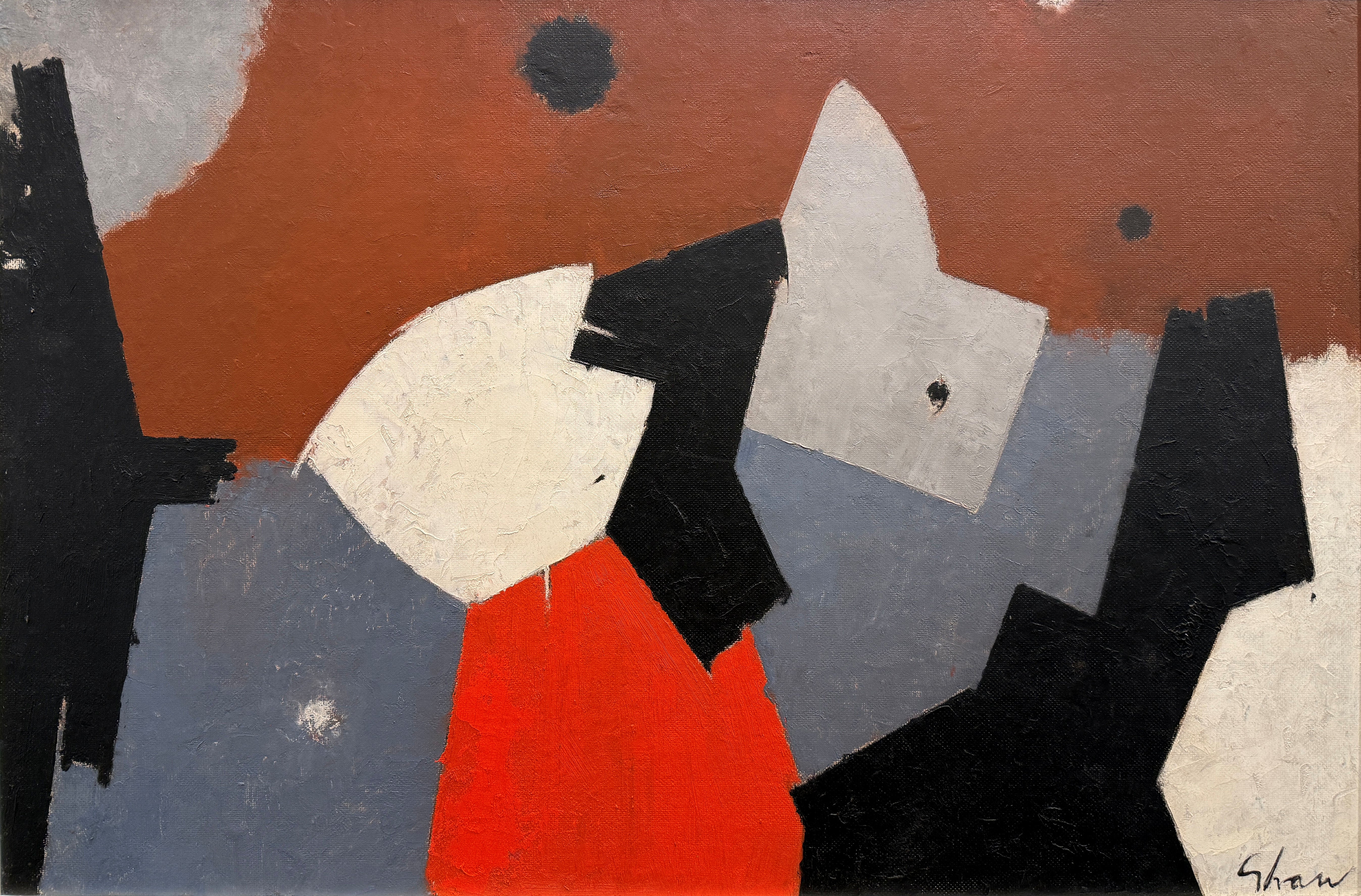"Dipinto 44" di Charles Green Shaw, metà del secolo, grigio, bianco, rosso, opera astratta