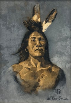 "Portrait of a Plains Warrior" De Cost Smith, Native American, Gray Background