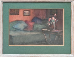 "Interior Still Life" Adelaide Deming, Roses, Red and Blue, Cushions On Bed