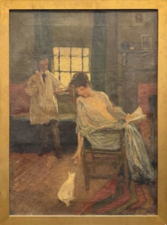 "Couple with Cat" Charles Roswell Bacon, American Interior Scene, Animals