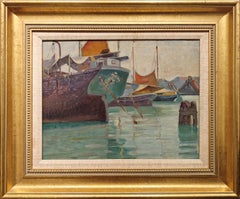 "Venetian Harbor" Theodore Wendel, Venice, American Impressionism, Boats