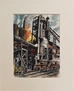 "WPA Factory Scene" George Picken, Steel Mill, Industrial Scene, American, Fire