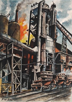"WPA Factory Scene" George Picken, Steel Mill, Industrial Scene, American, Fire