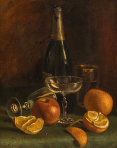 «Naturaleza muerta con fruta, vasos y una botella», William Merritt Chase, estadounidense