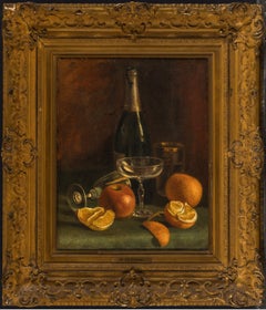 «Naturaleza muerta con fruta, vasos y una botella», William Merritt Chase, estadounidense