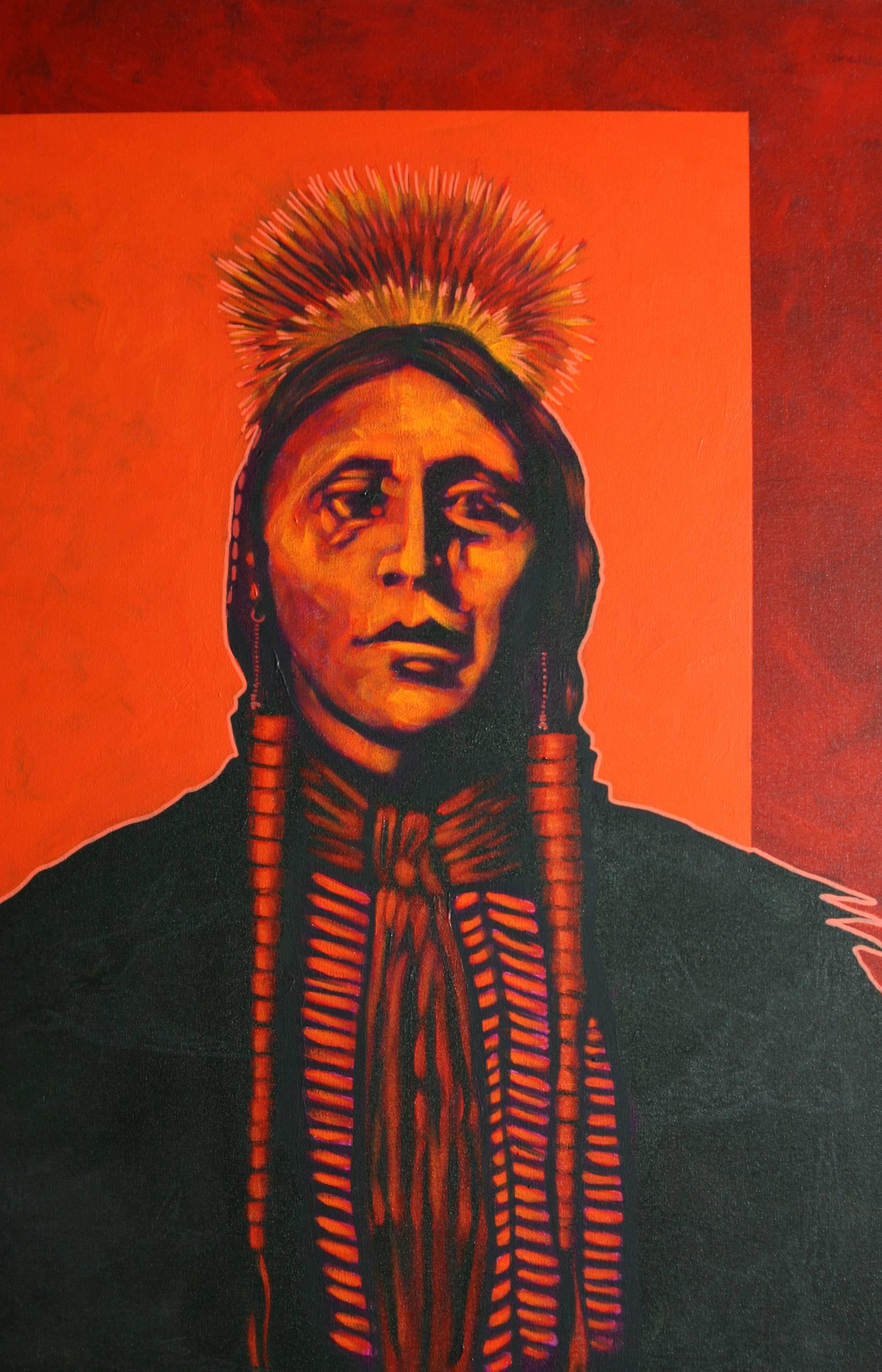Nocona Burgess Portrait Painting - Two Hatchet in Red - Kiowa