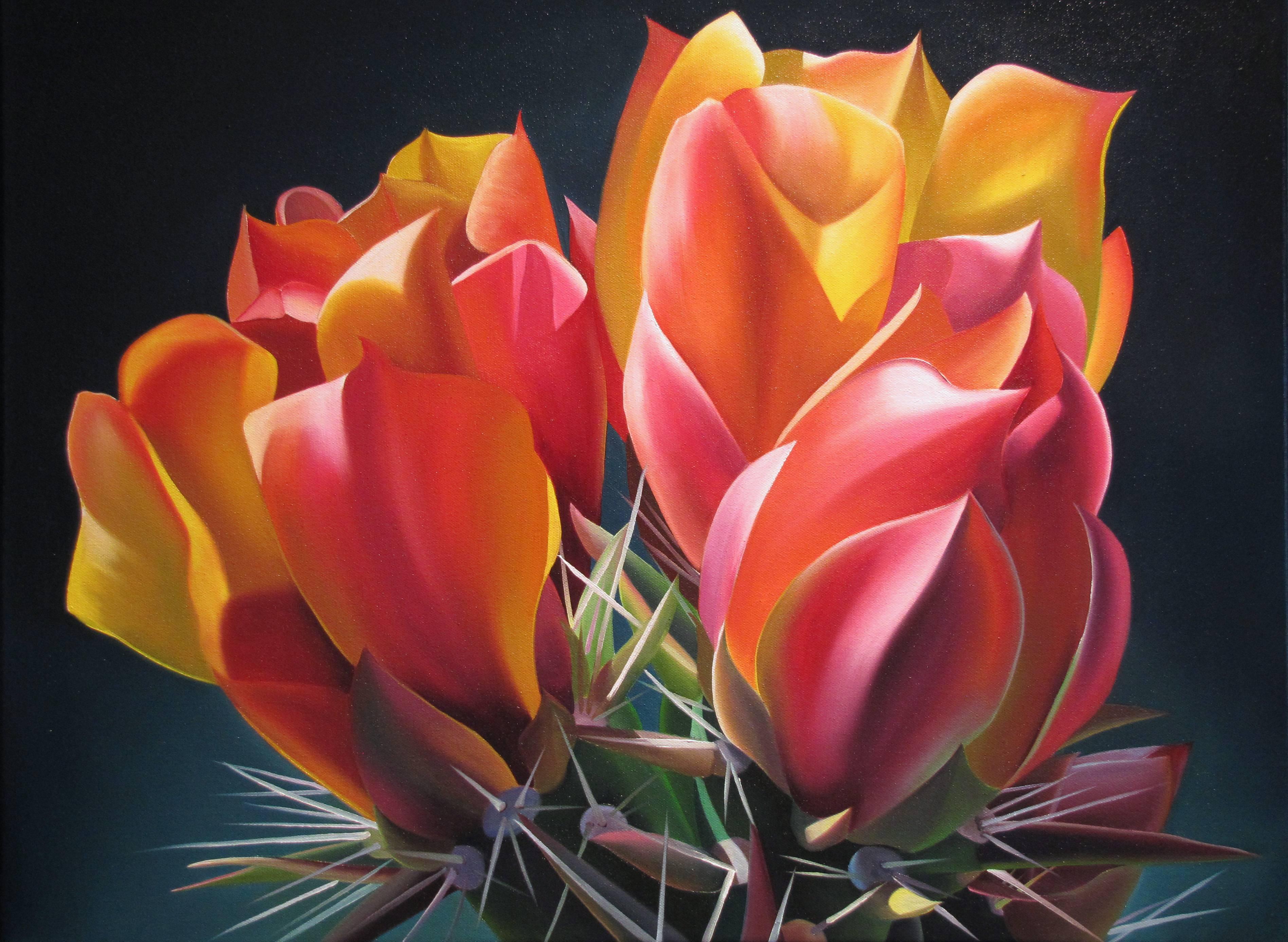 Dyana Hesson Still-Life Painting - "Superstition Treasure, Fire Agate Cholla Bloom"