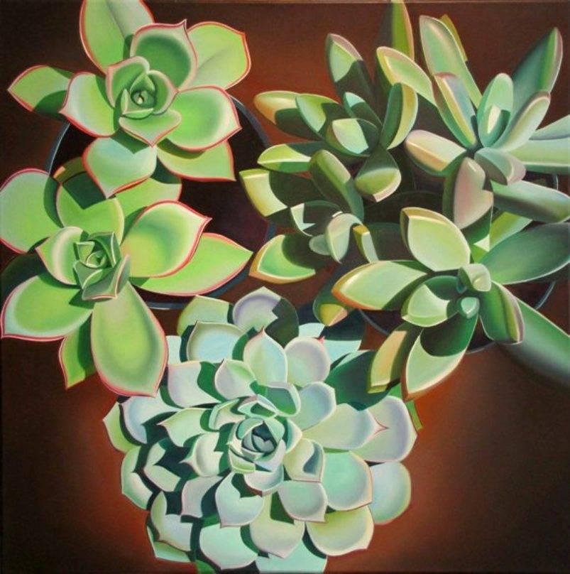Dyana Hesson Still-Life Painting - "Plants and Pots, Succulents on the Patio"