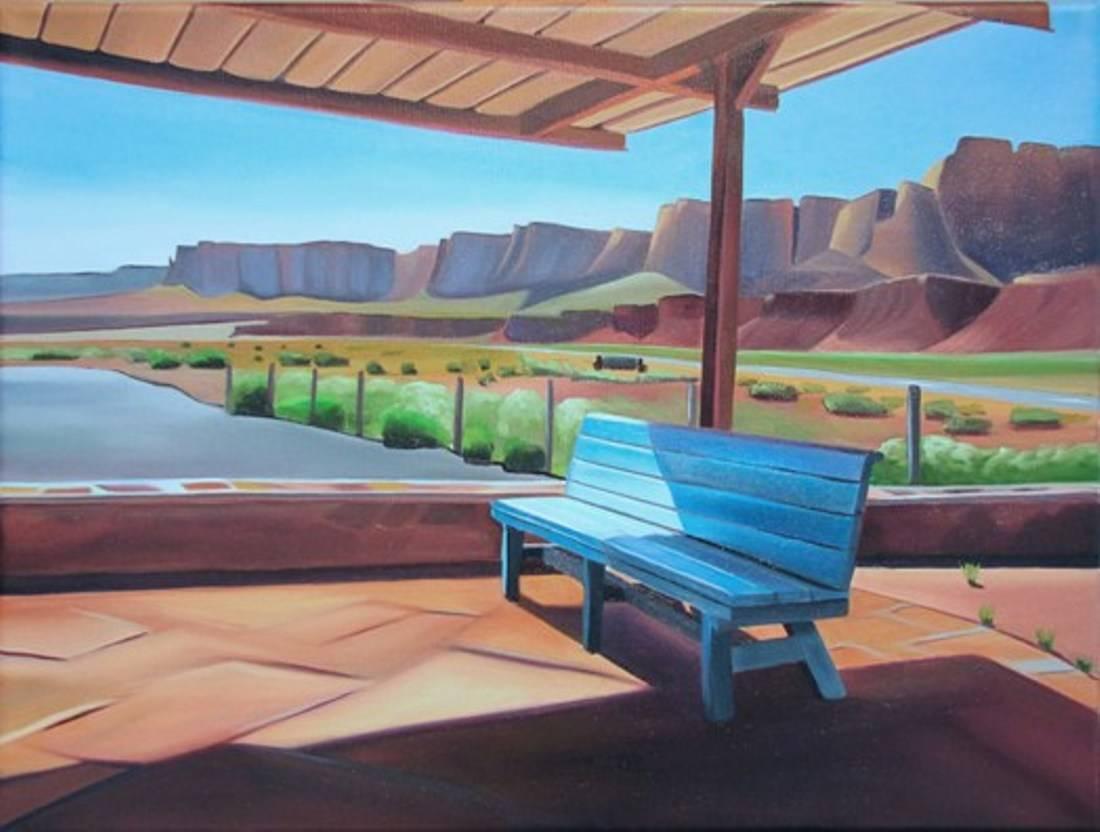 Dyana Hesson Landscape Painting - "Sit a While, Marble Canyon Airstrip, AZ"