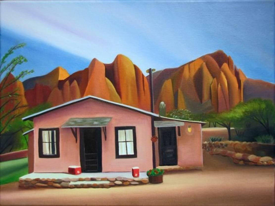 Dyana Hesson Landscape Painting - "Stay A While, Saguaro Guest Ranch Casita, Salt River, AZ"