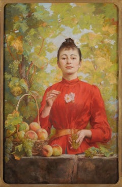 Portrait of a woman whith vine tree and peaches basket