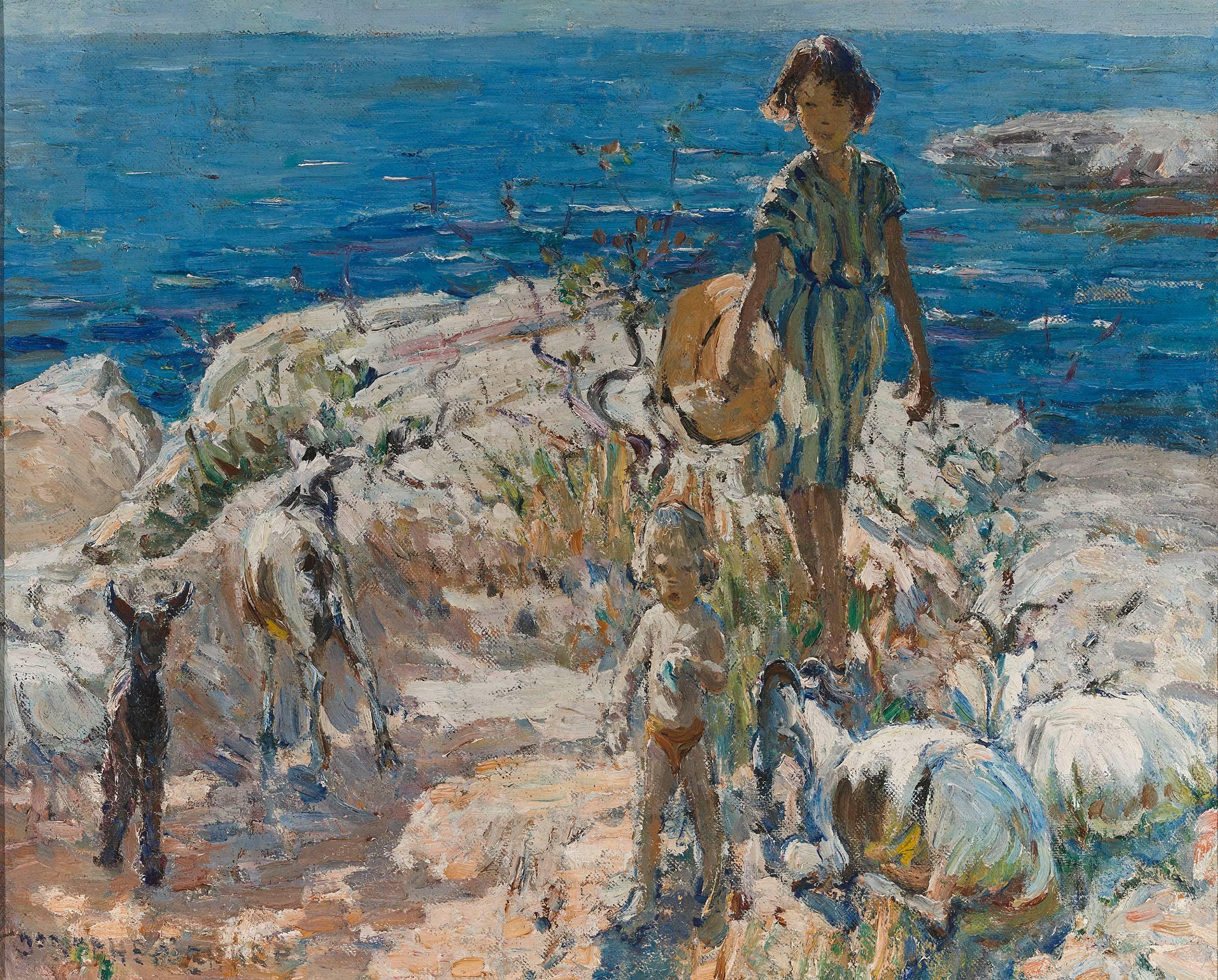 British painter Dorothea Sharp captures the joyful spirit of childhood in this enchanting seaside scene. Her mastery of the impressionistic style imbues her canvases with an almost dream-like sentimentality. In this work entitled A Summer Walk, her