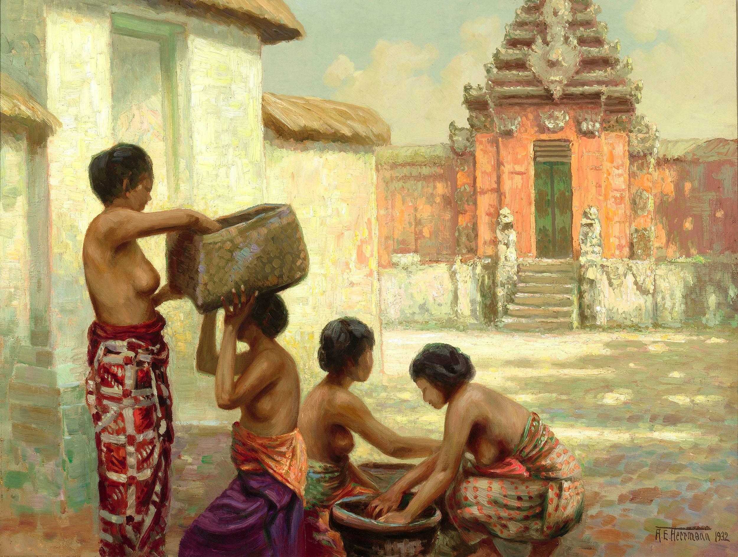 A.E. Herrmann
Activo en la década de 1920  Holandés

Bali

Firmado "A.E. Herrmann 1932" (en la esquina inferior derecha)
Óleo sobre lienzo

Esta encantadora obra del artista holandés A.E. Herrmann representa una escena exótica en Bali. En