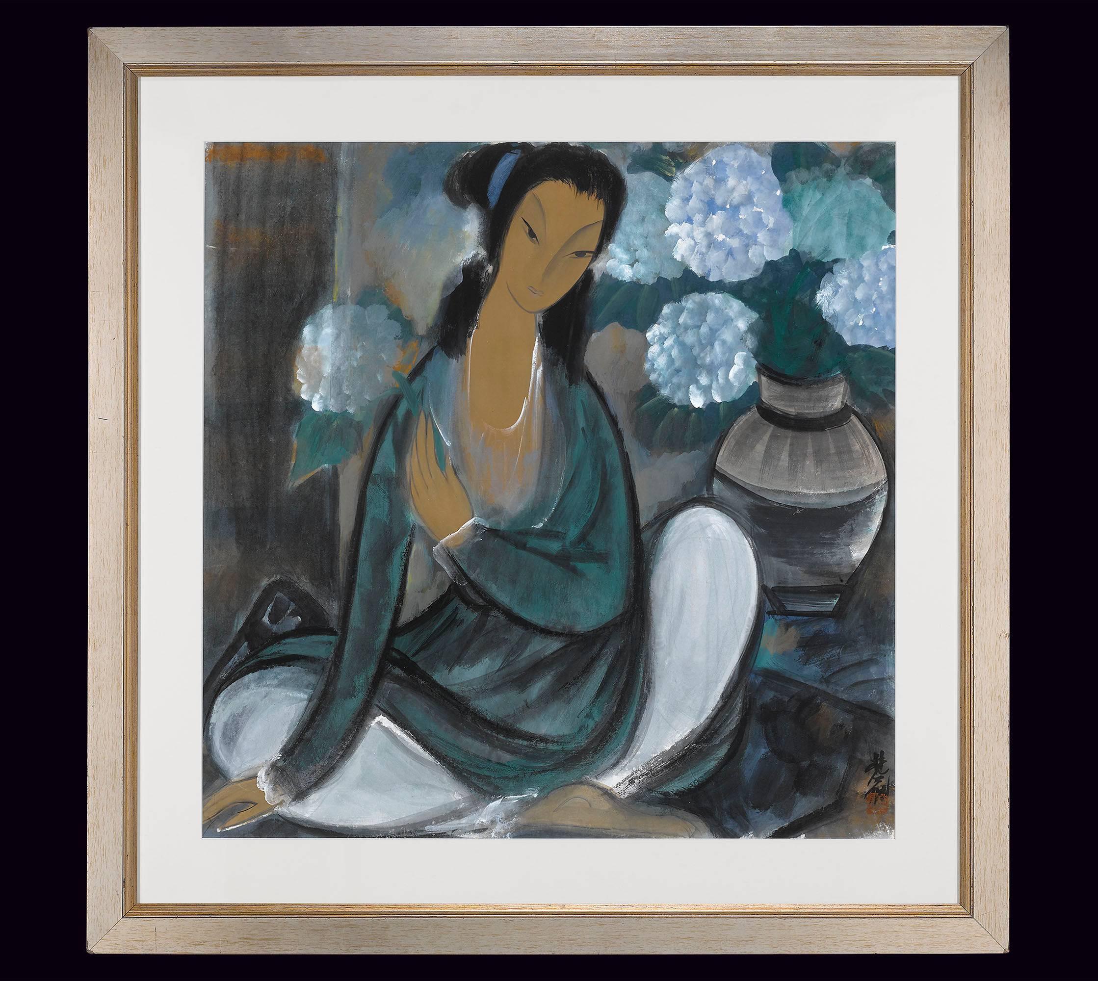 Seated Lady and Dahlia  - Painting by Lin Fengmian
