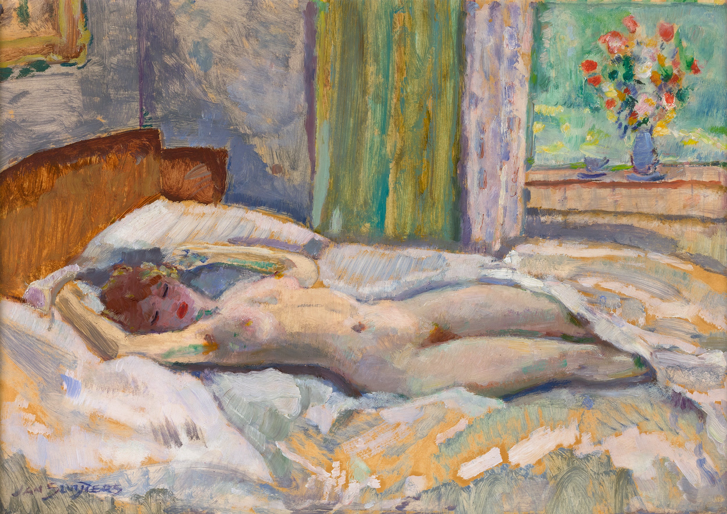 Jan Sluijters
1881-1957  Dutch

Liggend naakt
(Reclining Nude)

Signed "Jan Sluijters" (lower left)
Oil on paper laid on board

Among the most progressive figures in early 20th-century Dutch art, Jan Sluijters introduced the bold color and
