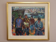 Mid-Century Modern Swedish Figurative Oil Painting - Coastal Dock, Framed