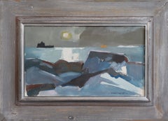 Vintage Mid Century Modern Abstract Coastal Landscape Oil Painting - Moonlit Sea