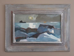 Vintage Mid Century Modern Abstract Coastal Landscape Oil Painting - Moonlit Sea