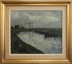 1952 Mid Century Modern Swedish Landscape Oil Painting - By the Waterbank