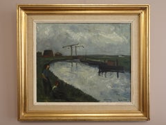 1952 Mid Century Modern Swedish Landscape Oil Painting - By the Waterbank