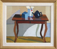Mid-Century Modern Vintage Swedish Still Life Oil Painting - The Blue Teapot