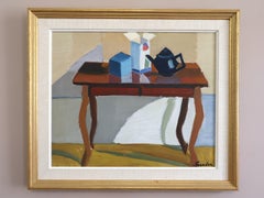 Mid-Century Modern Vintage Swedish Still Life Oil Painting - The Blue Teapot