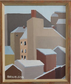 Mid-Century Modern Vintage Swedish Cityscape Oil Painting - Winter Rooftops