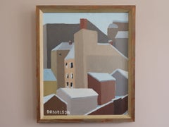 Mid-Century Modern Vintage Swedish Cityscape Oil Painting - Winter Rooftops