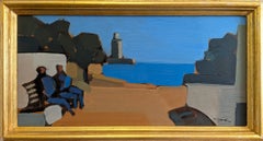 Mid Century Swedish Coastal Landscape Oil Painting - Seaside Conversation
