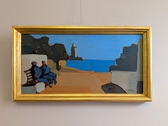 Mid Century Swedish Coastal Landscape Oil Painting - Seaside Conversation