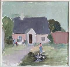 Dipinto a olio in stile Mid-Century Modern con paesaggio svedese - Ritrovo nel giardino di un cottage