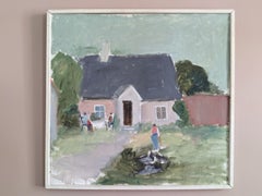 Mid-Century Modern Swedish Landscape Oil Painting - Cottage Garden Gathering