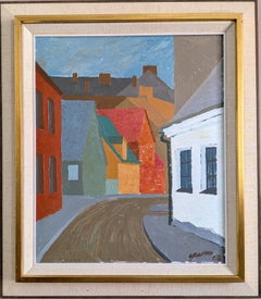 Dipinto a olio vintage in stile Mid-Century Modern del 1968 raffigurante un paesaggio - Dove la strada curva