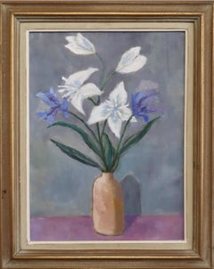 Mid-Century Modern Vintage Original Still Life Oil Painting - Lilies in a Vase